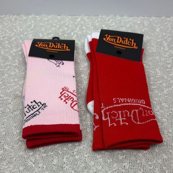 VON DUTCH Crew Socks 2 pair NWT Women's One Size Fits All Pink  & Red Logo - Picture 1 of 7